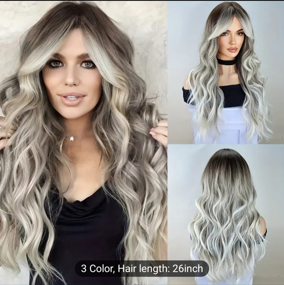 Long Ombre Brown Blonde Wavy Wig With Curtain Bangs For Women Natural Sy…